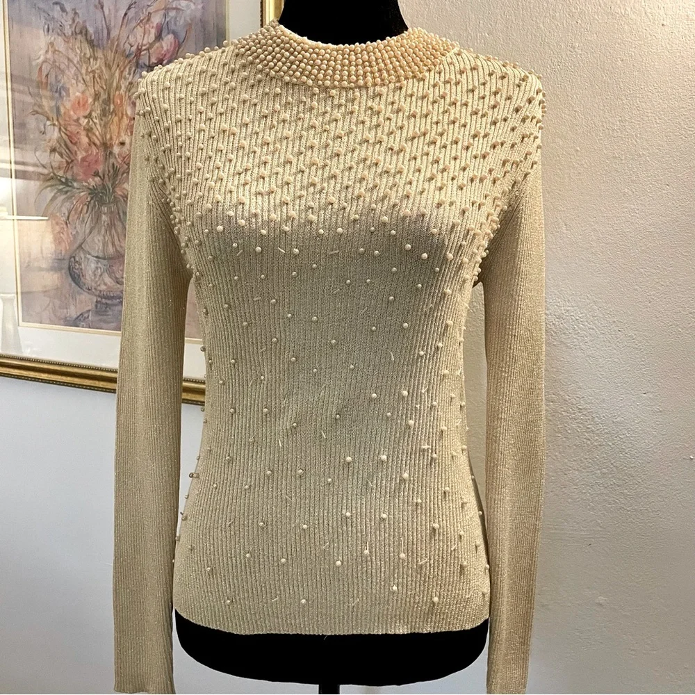 Belldini Light Gold Silk Metallic Sweater with Pearl Accents Stunning -OS ✨✨ - Picture 2 of 9